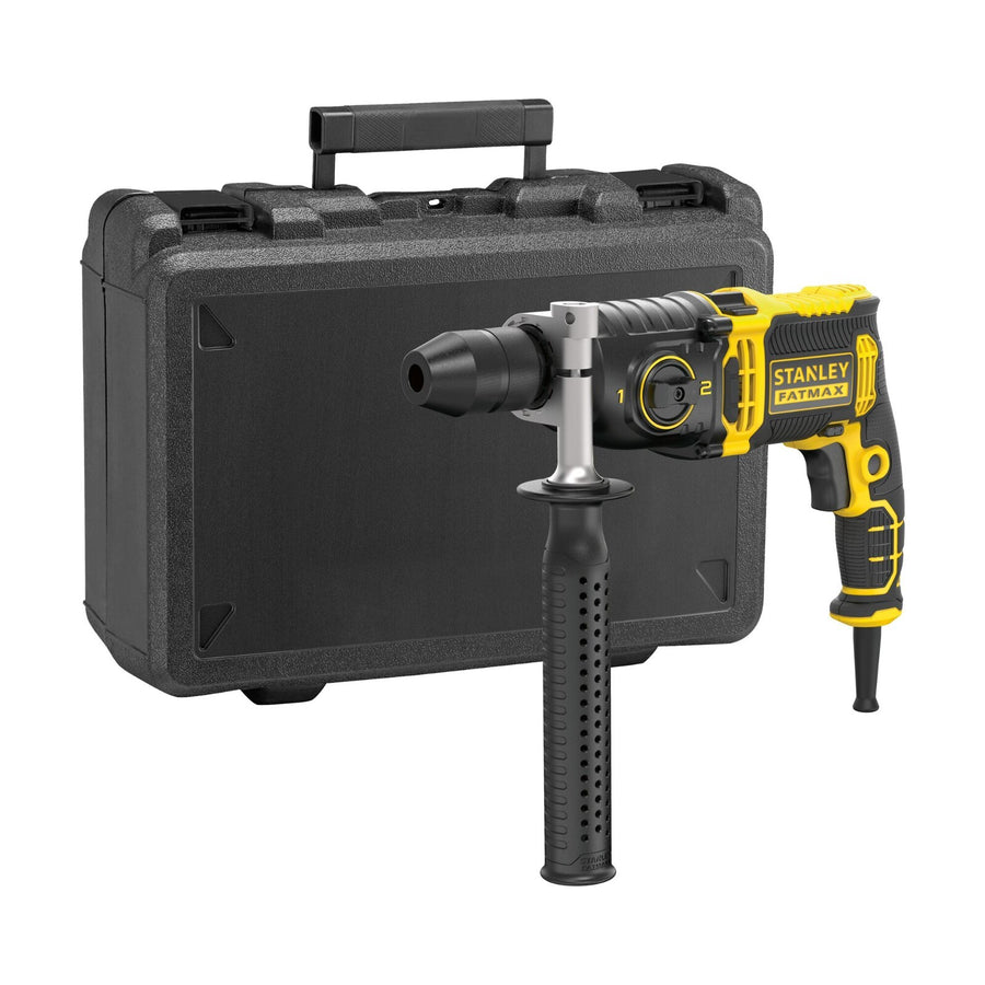 Stanley fatmax redhook hammer drill with a black handle grip and a black carrying case on a white background.