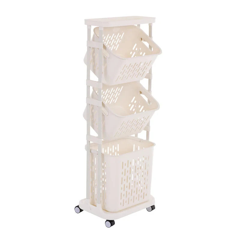 Hills 3 Tier Mobile Laundry Storage Cart three-tier rolling storage cart with white plastic woven baskets and caster wheels, shown on a plain white background.