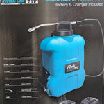 ROK 18V Backpack Sprayer 16L box packaging showing flow rate, pressure and capacity specs