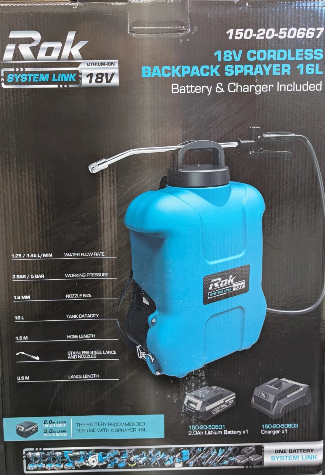 ROK 18V Backpack Sprayer 16L box packaging showing flow rate, pressure and capacity specs