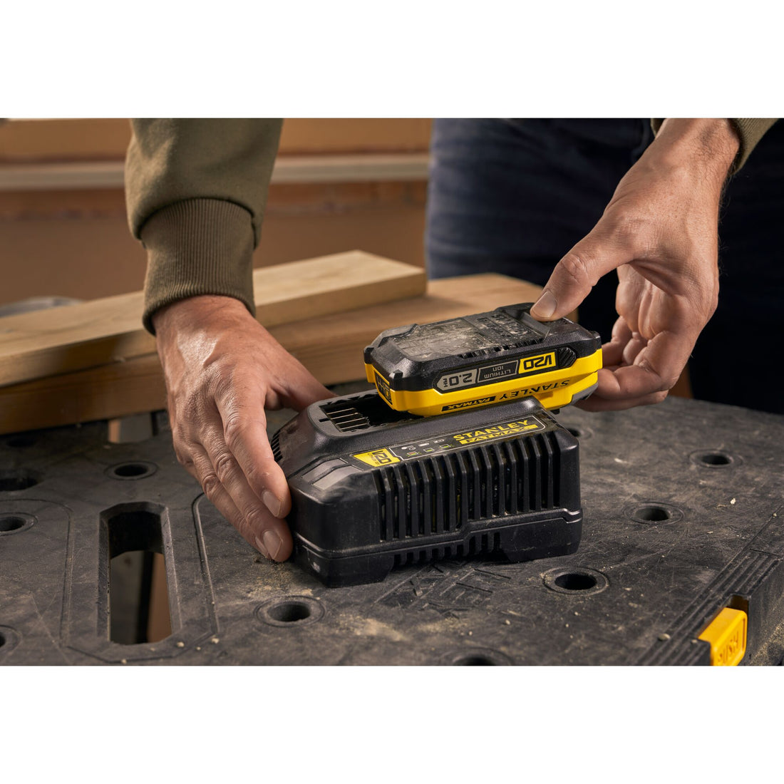 Stanley FatMax V20 battery pack and charger close-up