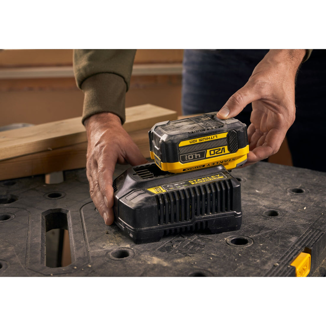 Stanley FatMax V20 18V battery placed on charger