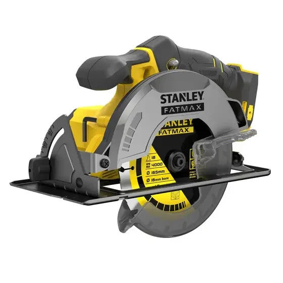Stanley Fatmax circular saw with a gray and yellow body, black handle, and circular blade, shown on a plain white background.
