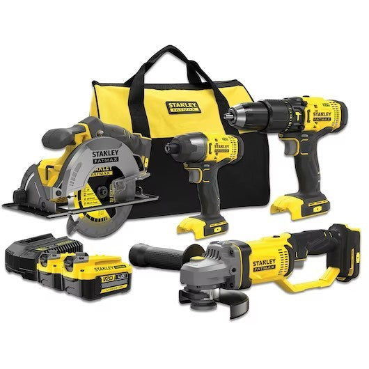 A 7-piece Stanley cordless tool kit on a white background, including a circular saw, drill, impact driver, angle grinder, two batteries, a charger, and a carrying bag.