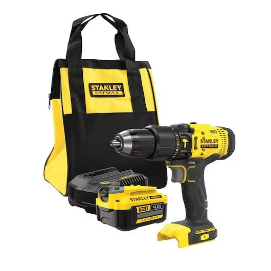 Stanley cordless drill kit with a yellow and black V23 18V Li-ion battery, a second battery, a charger, and a matching yellow and black carrying bag on a white background.