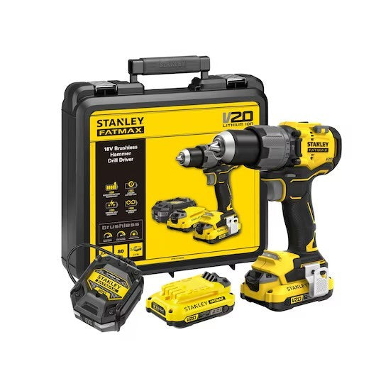 Stanley cordless hammer drill driver kit with a yellow and black 1/20 inch impact drill driver, two batteries, a charger, and a black carrying case with a yellow front panel, shown on a white background.