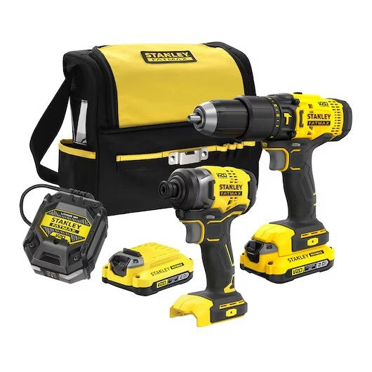Stanley cordless power tool kit with a hammer drill, impact driver, dual battery charger, two batteries, and a black-and-yellow carrying bag on a white background.