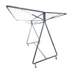Sunchaser 240 Mobile Clothesline in monument gray metal mobile clothesline with an angled folding design and caster wheels, shown against a plain white background.