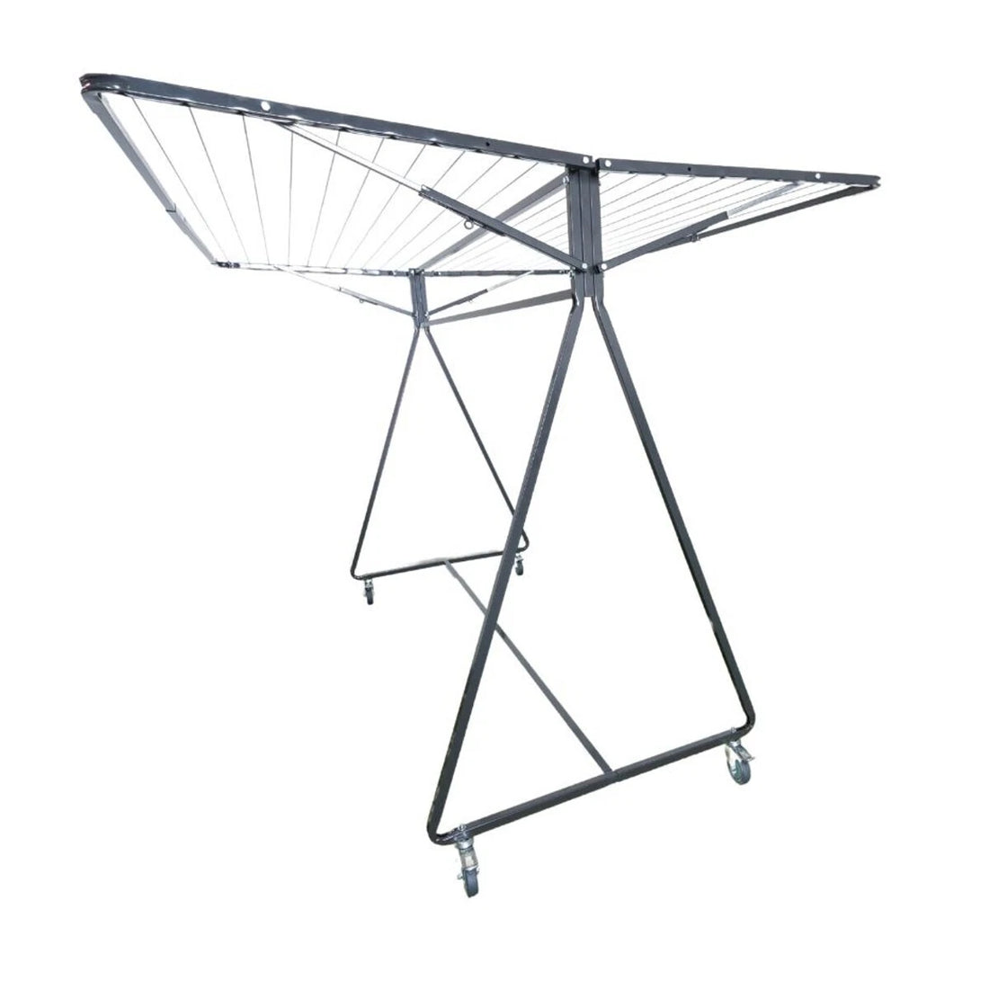Sunchaser 240 Mobile Clothesline in monument gray metal mobile clothesline with an angled folding design and caster wheels, shown against a plain white background.