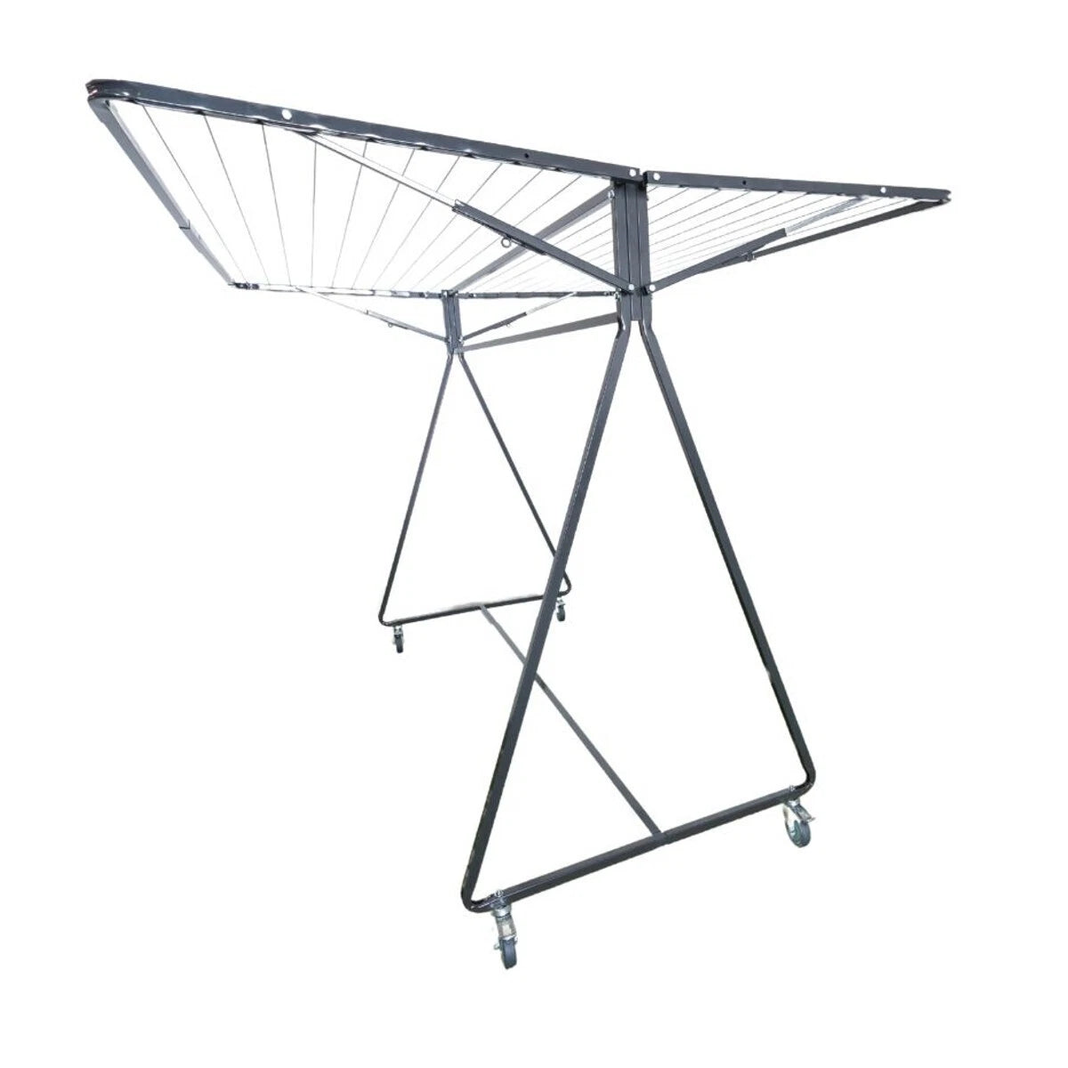 Sunchaser 240 Mobile Clothesline in monument gray metal mobile clothesline with an angled folding design and caster wheels, shown against a plain white background.