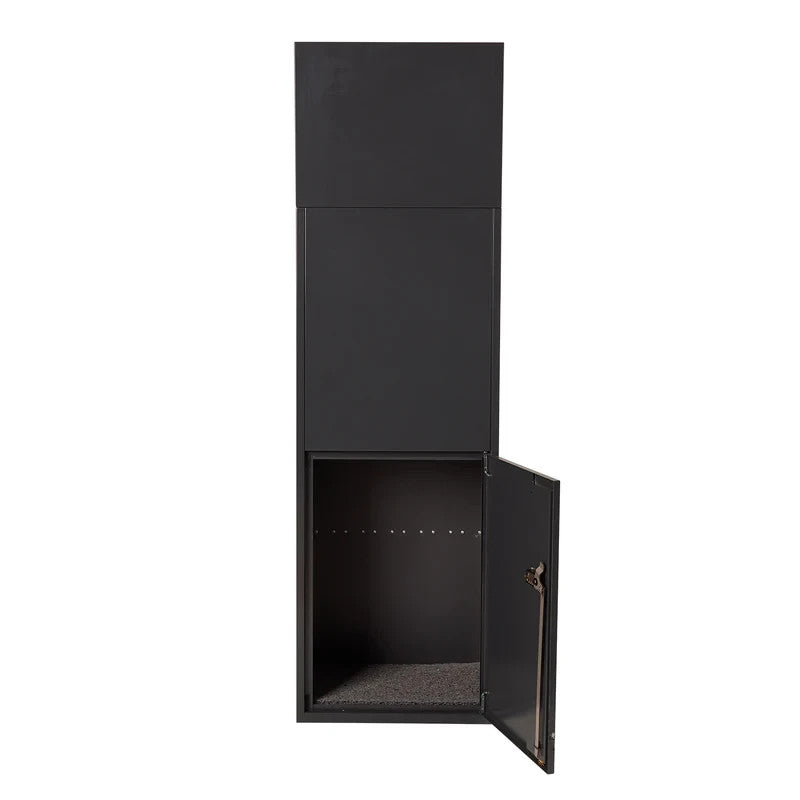 Empire Parcel Letterbox in grey steel with its lockable access door open, showing the empty storage compartment