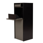 Zephyr Parcel Letterbox in charcoal steel, three-quarter studio view, front flap open, interior shelf visible