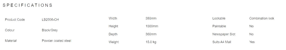 Zephyr Parcel Letterbox in charcoal steel, specifications diagram listing dimensions, weight, colour and lock features