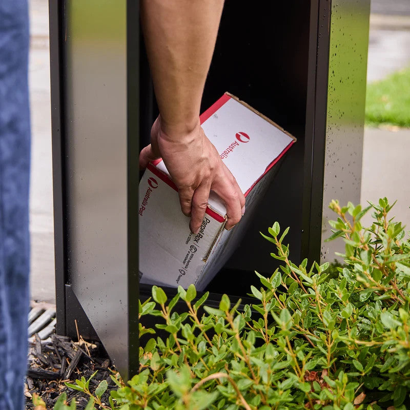 Zephyr Parcel Letterbox in charcoal steel, side view of a parcel lowered into the top opening beside garden shrubs