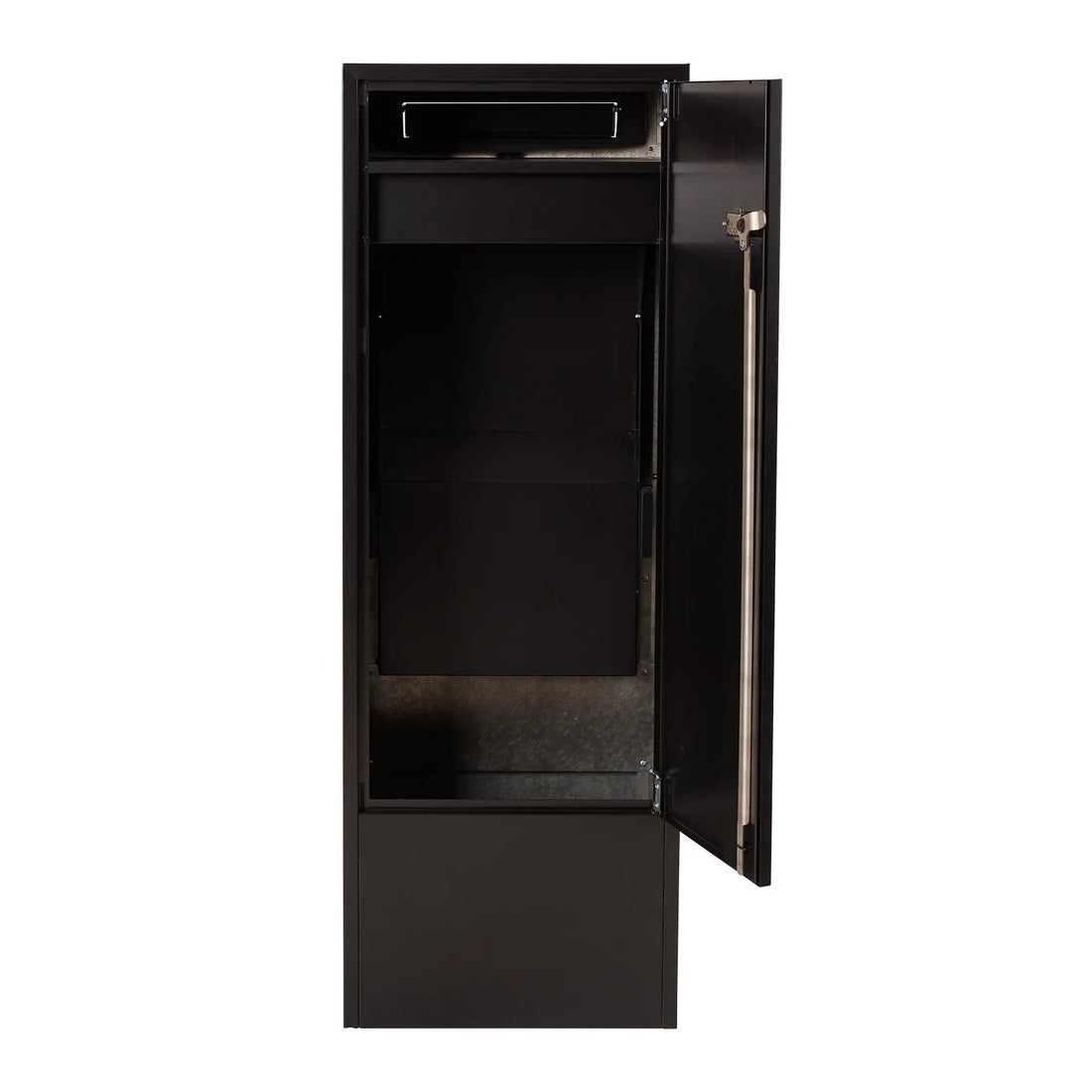 Zip Parcel Letterbox in black with the front door open, showing the empty internal storage compartment.