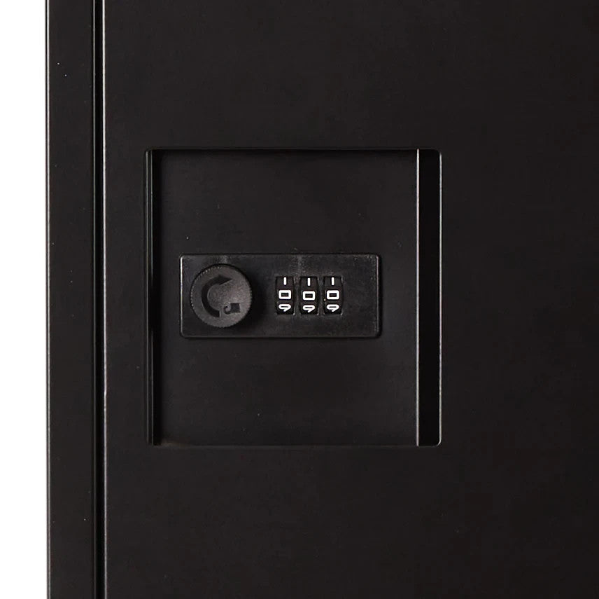 Zip Parcel Letterbox in black, close-up of the combination lock dial on the front door.
