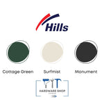 Three paint color swatches labeled 'Cottage Green', 'Surfmist', and 'Monument' with Hills logo above.