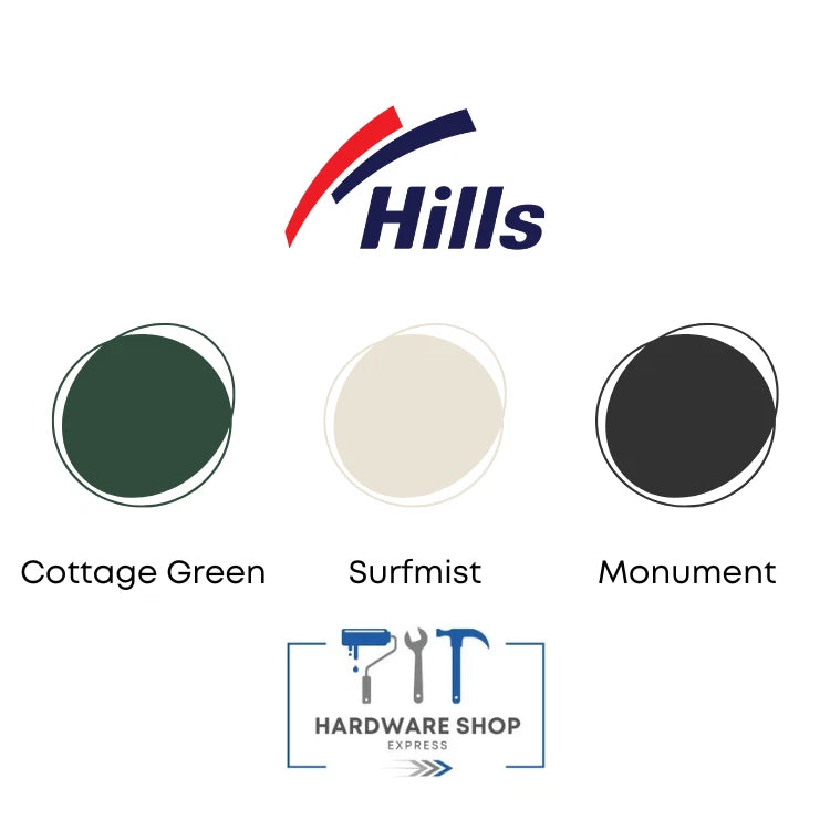 Three paint color swatches labeled 'Cottage Green', 'Surfmist', and 'Monument' with Hills logo above.