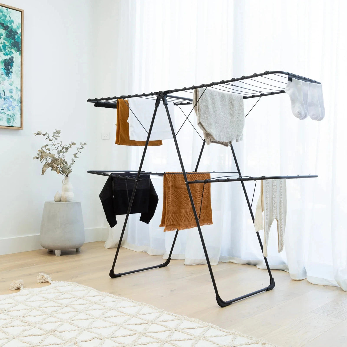 Hills 2 Tier A-Frame Clothes Airer — side angle view showing both drying tiers