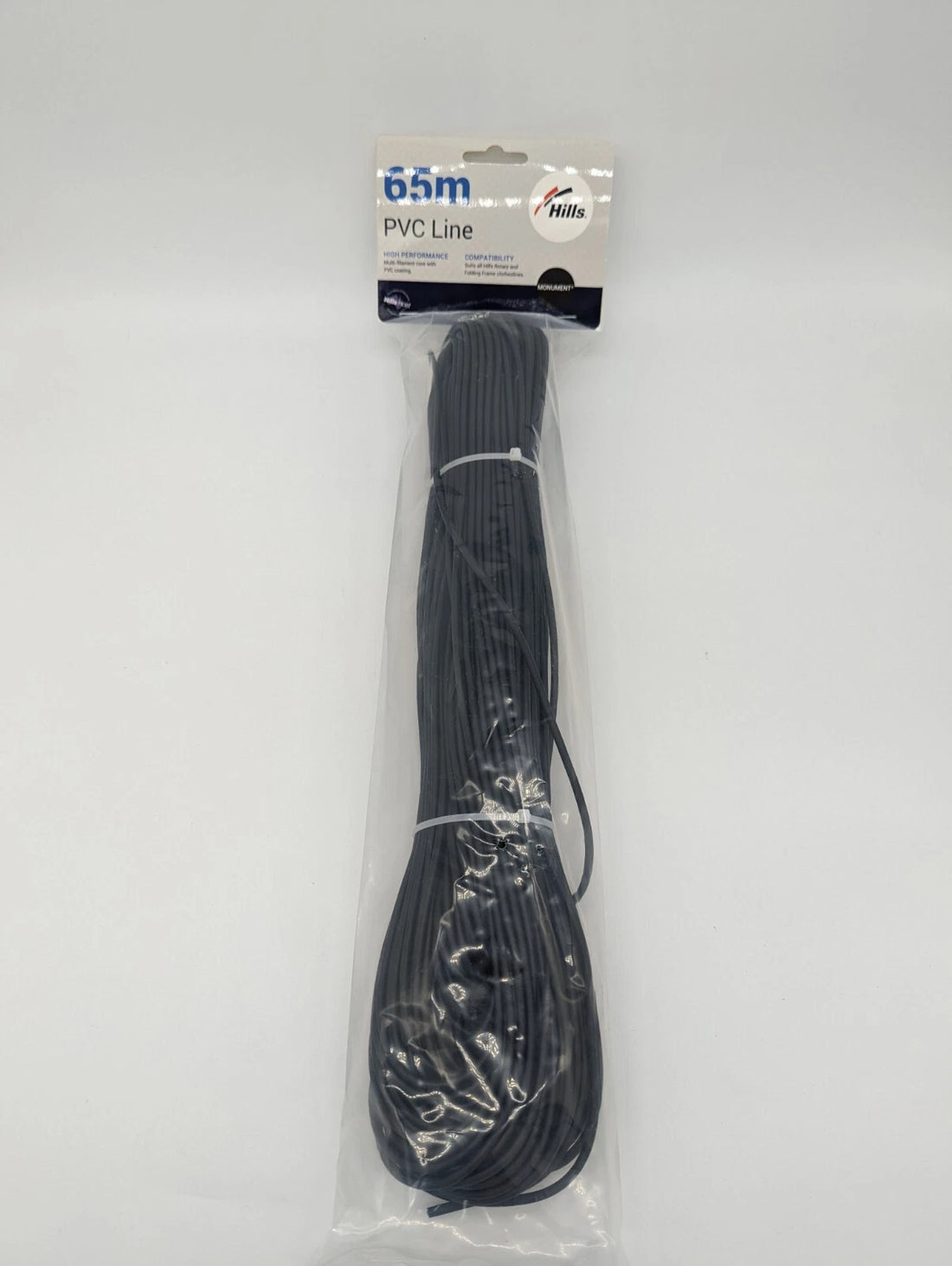 Hills 65m clothesline cord in Woodland Grey colour showing cord length